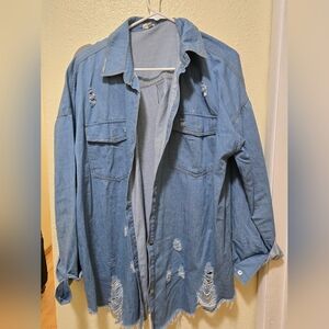 White Birch Women's Distressed Denim Button Down Shirt - Blue